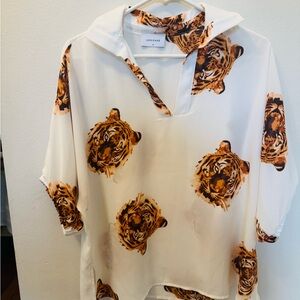 Adrienne White and Orange Animal Print Blouse